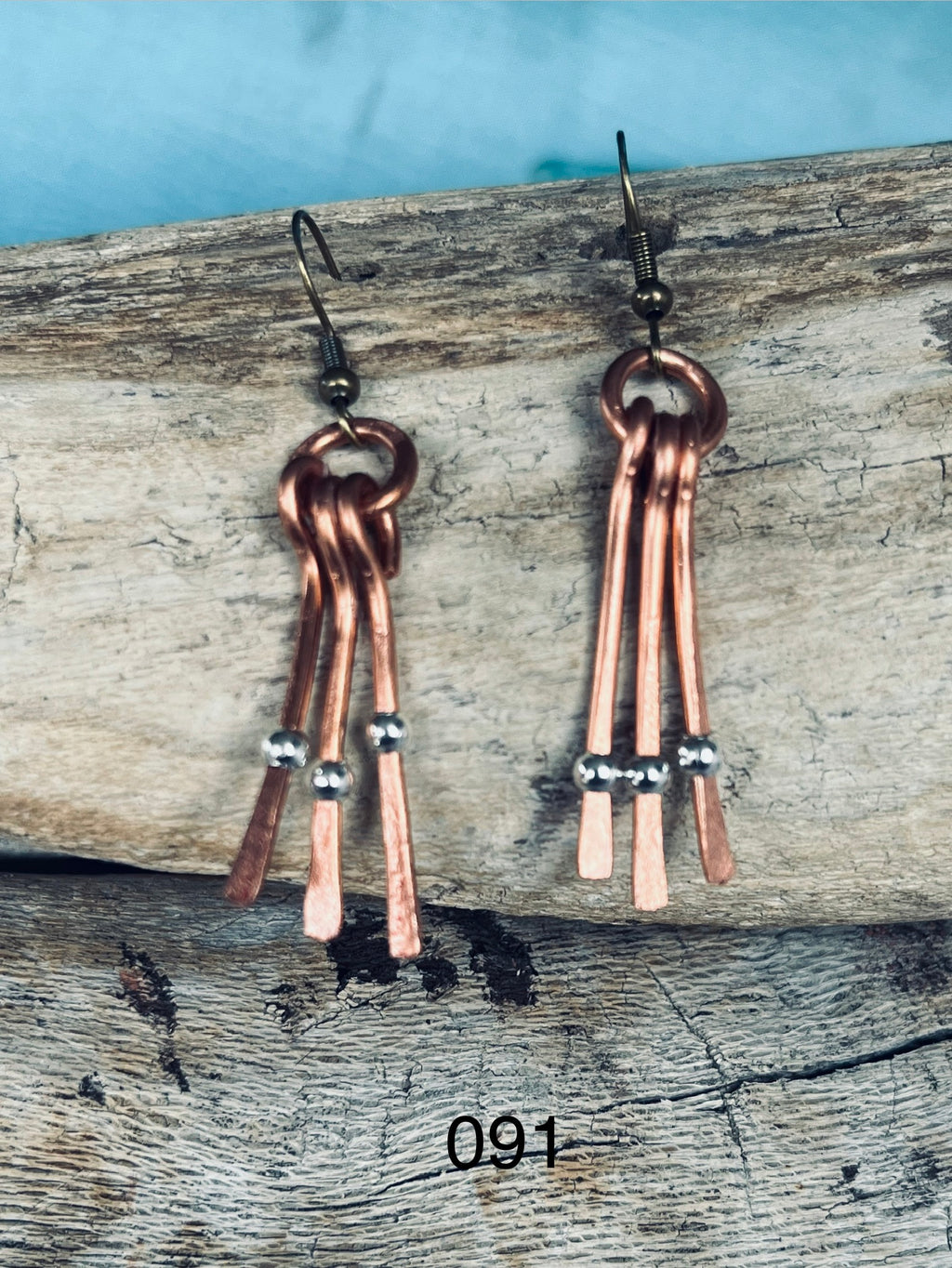 Hammered Copper Triple Dangle Earrings with Silver Bead Accents