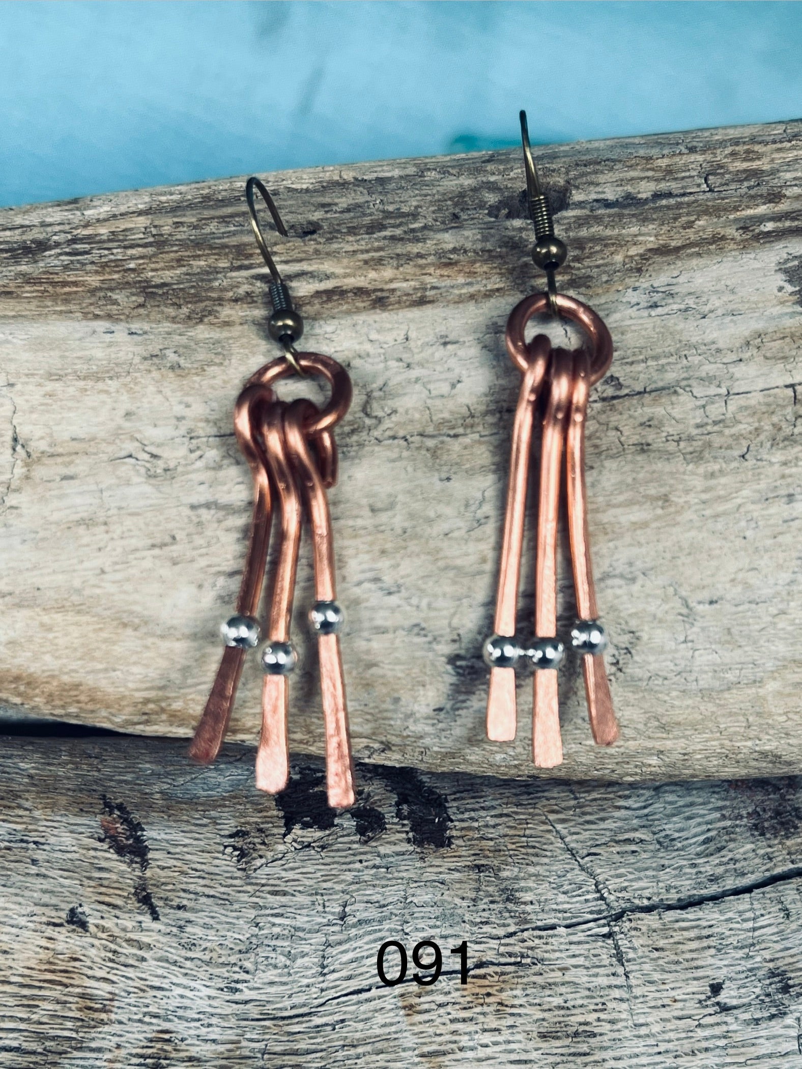 Hammered Copper Triple Dangle Earrings with Silver Bead Accents