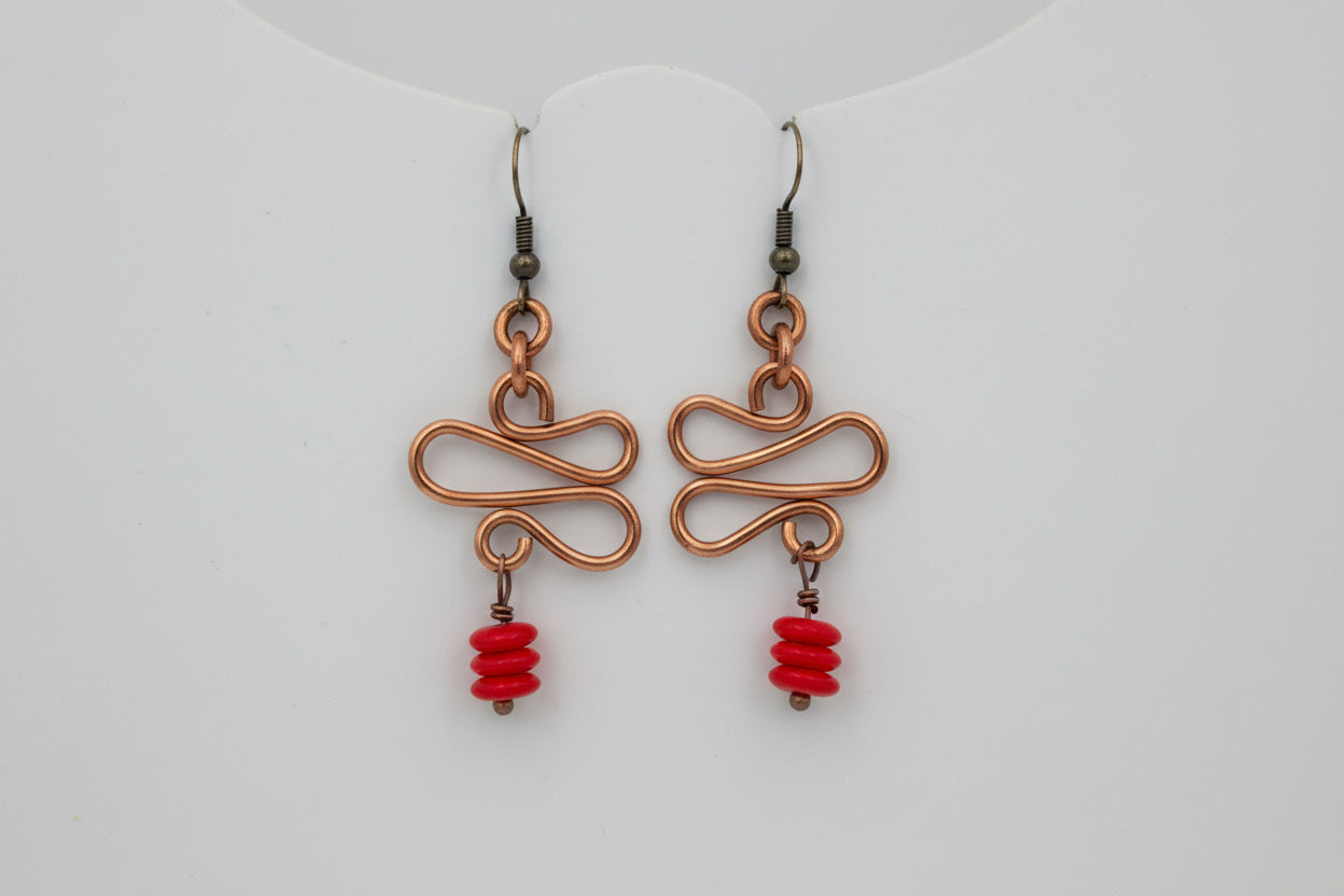 Copper Chinese Dangle Earrings with Red Beads