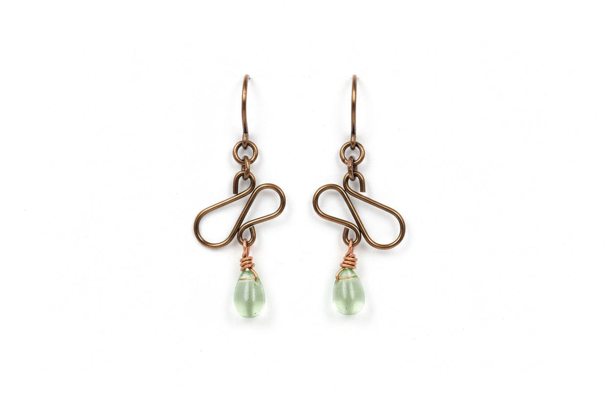 Bronze Chinese Dangle Earrings with Green Teardrop Crystal