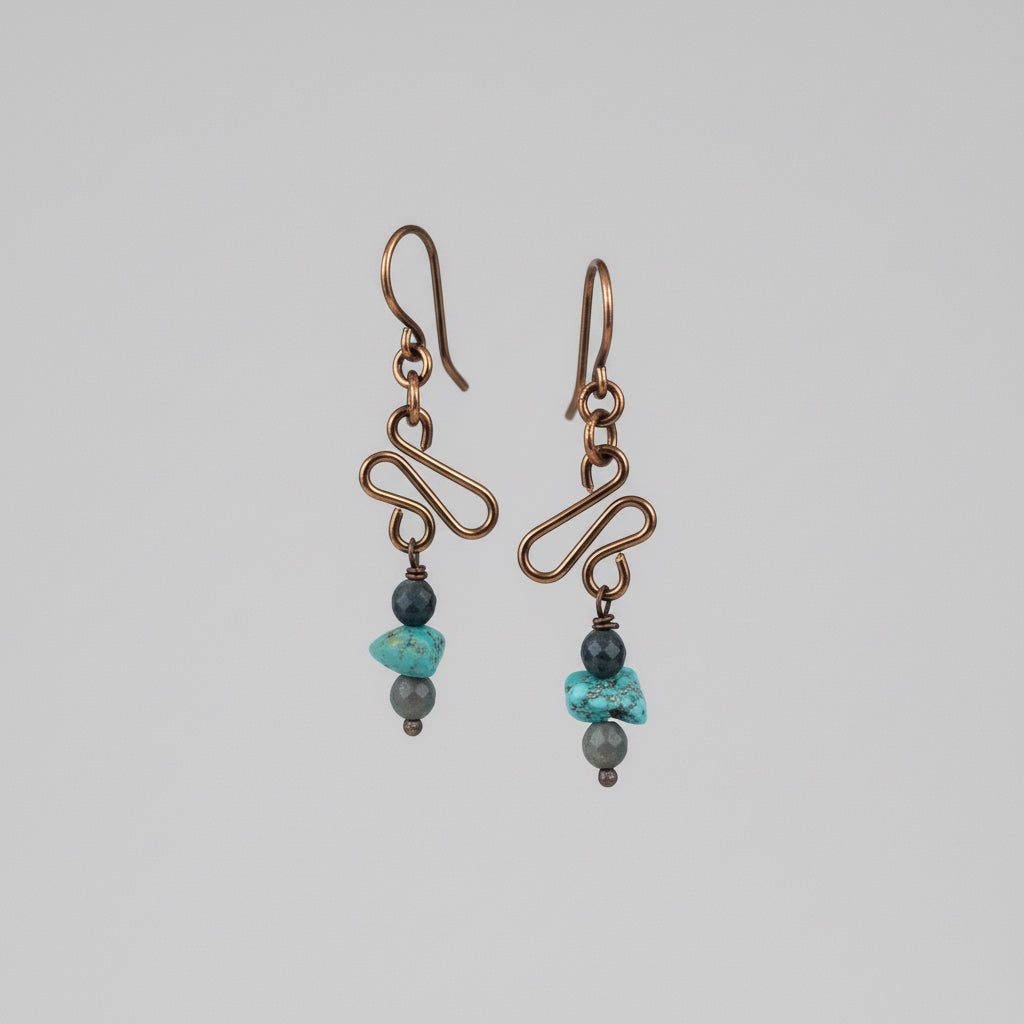 Bronze Chinese Dangle Earrings with Turquoise Bead