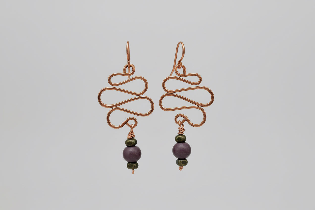 Bronze Chinese Dangle Earrings with Brown Wooden Bead