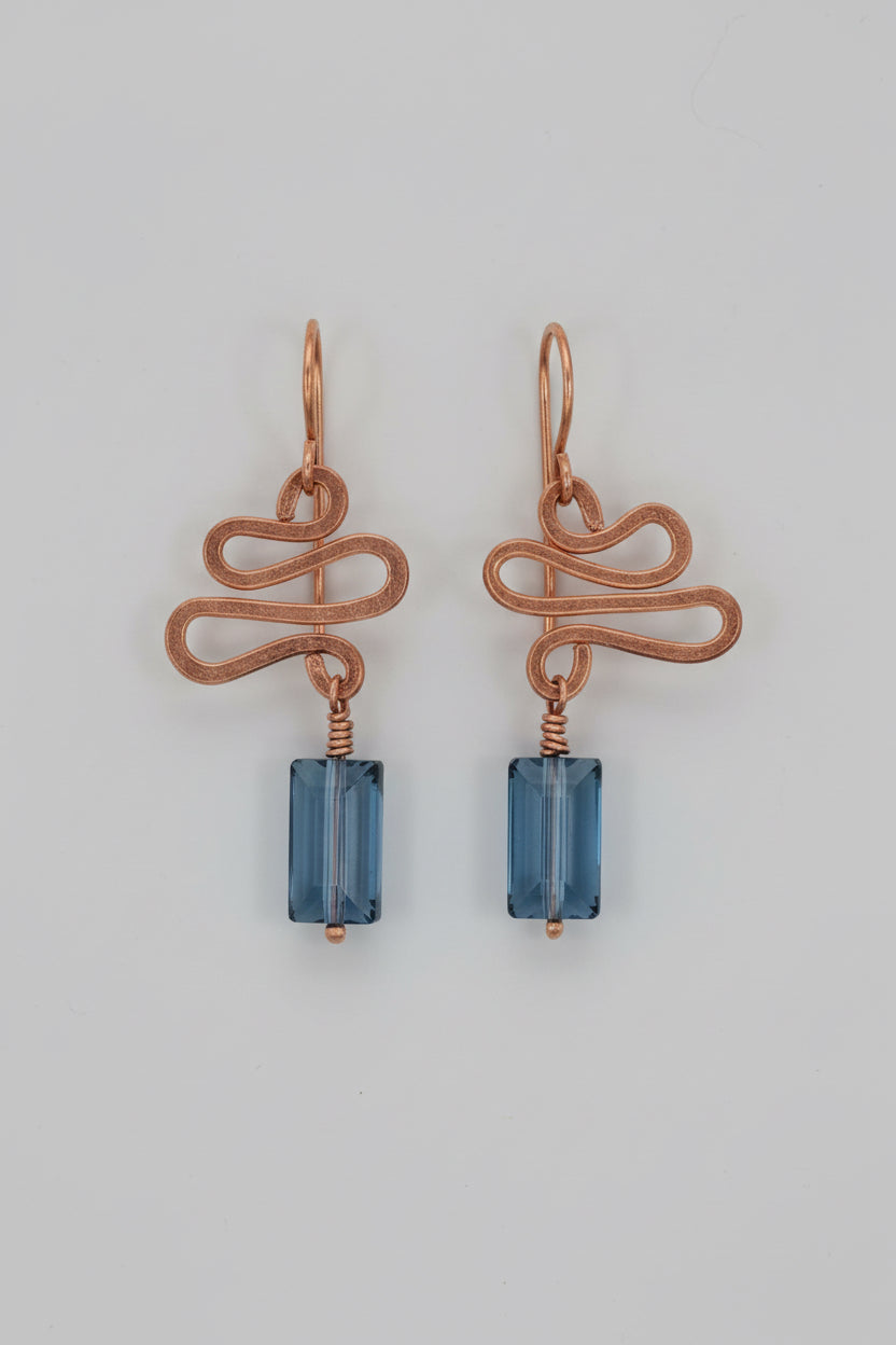 Copper Chinese Dangle Earrings with Blue Austrian Crystal Bead
