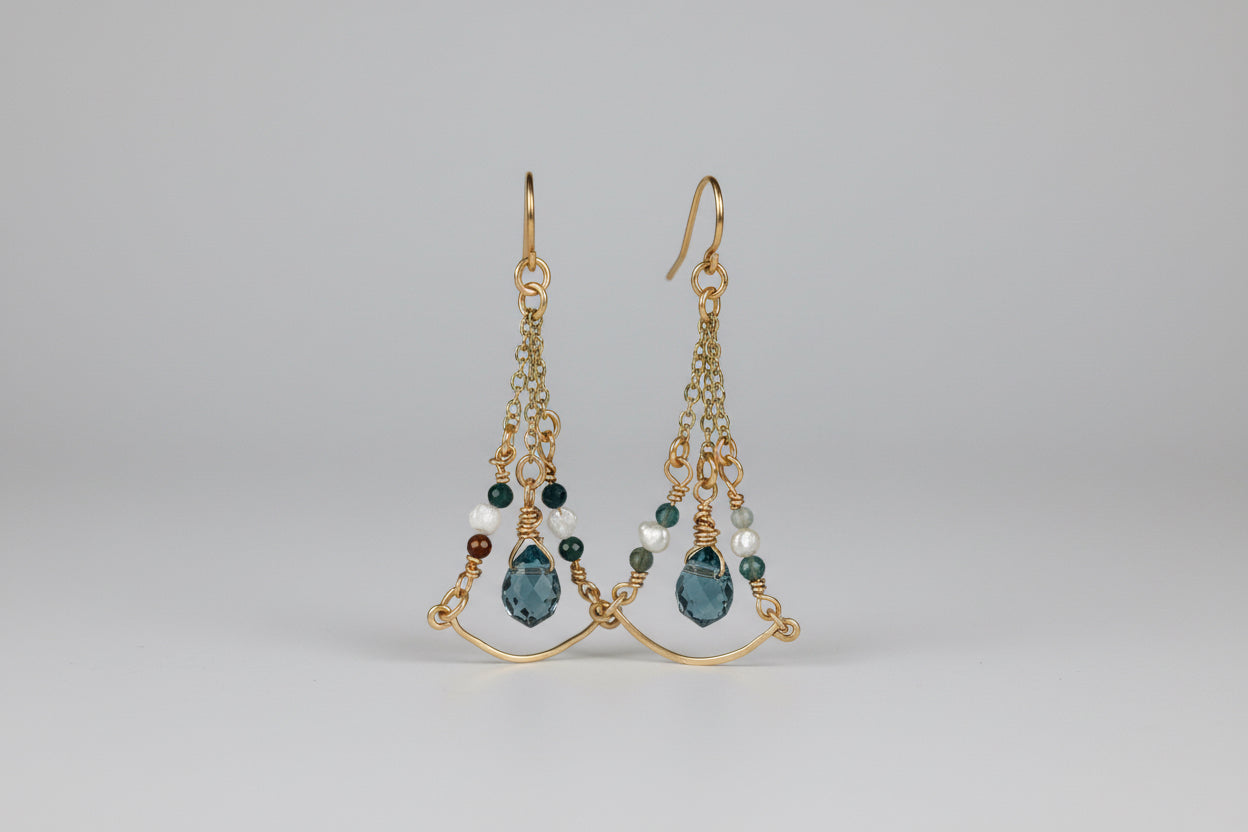 Gold Plated Dangle Earrings with Blue Crystal Bead