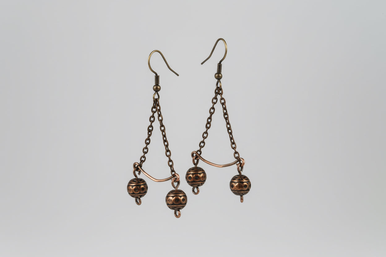 Copper Chain Dangle Earrings with Tibetan Copper Balls