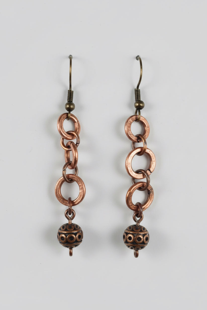 Copper Chain Link Dangle Earrings with Tibetan Copper Balls