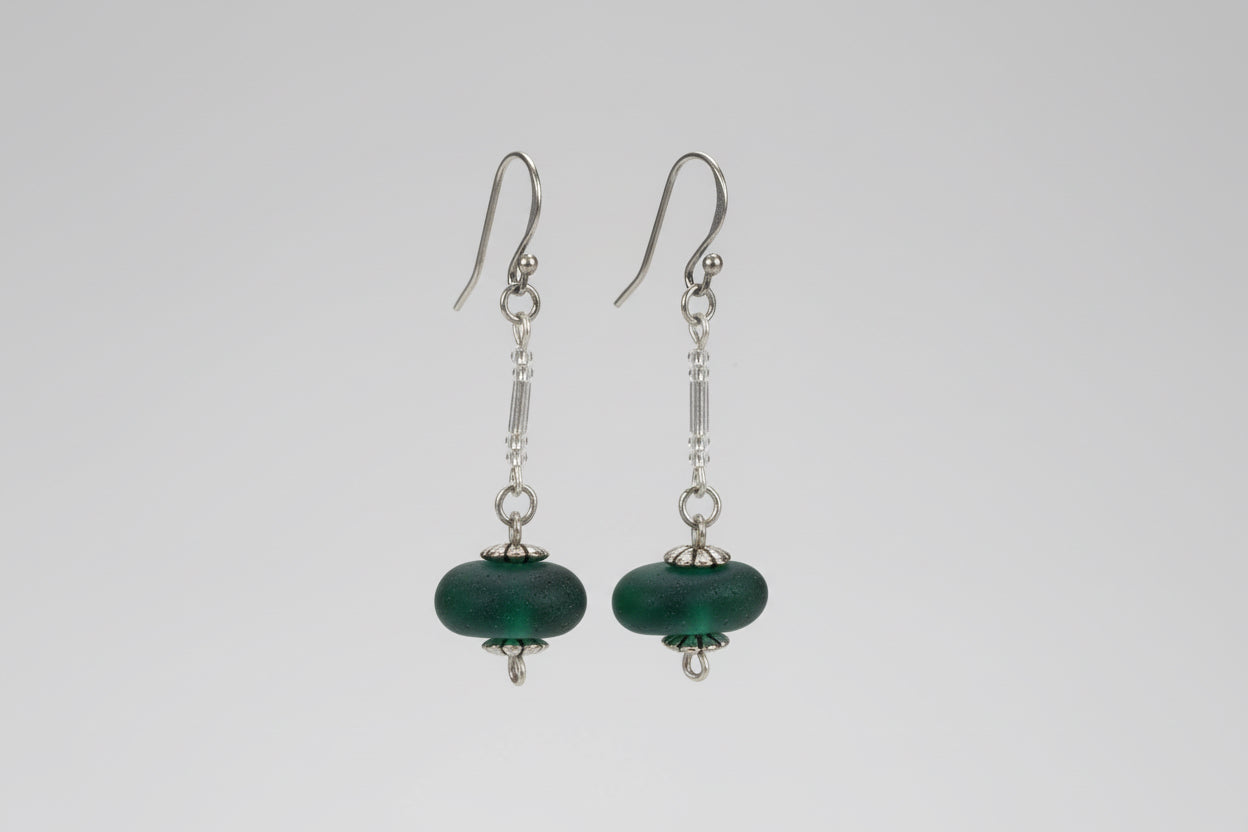Silver Beach Glass Dangle Earrings in Green