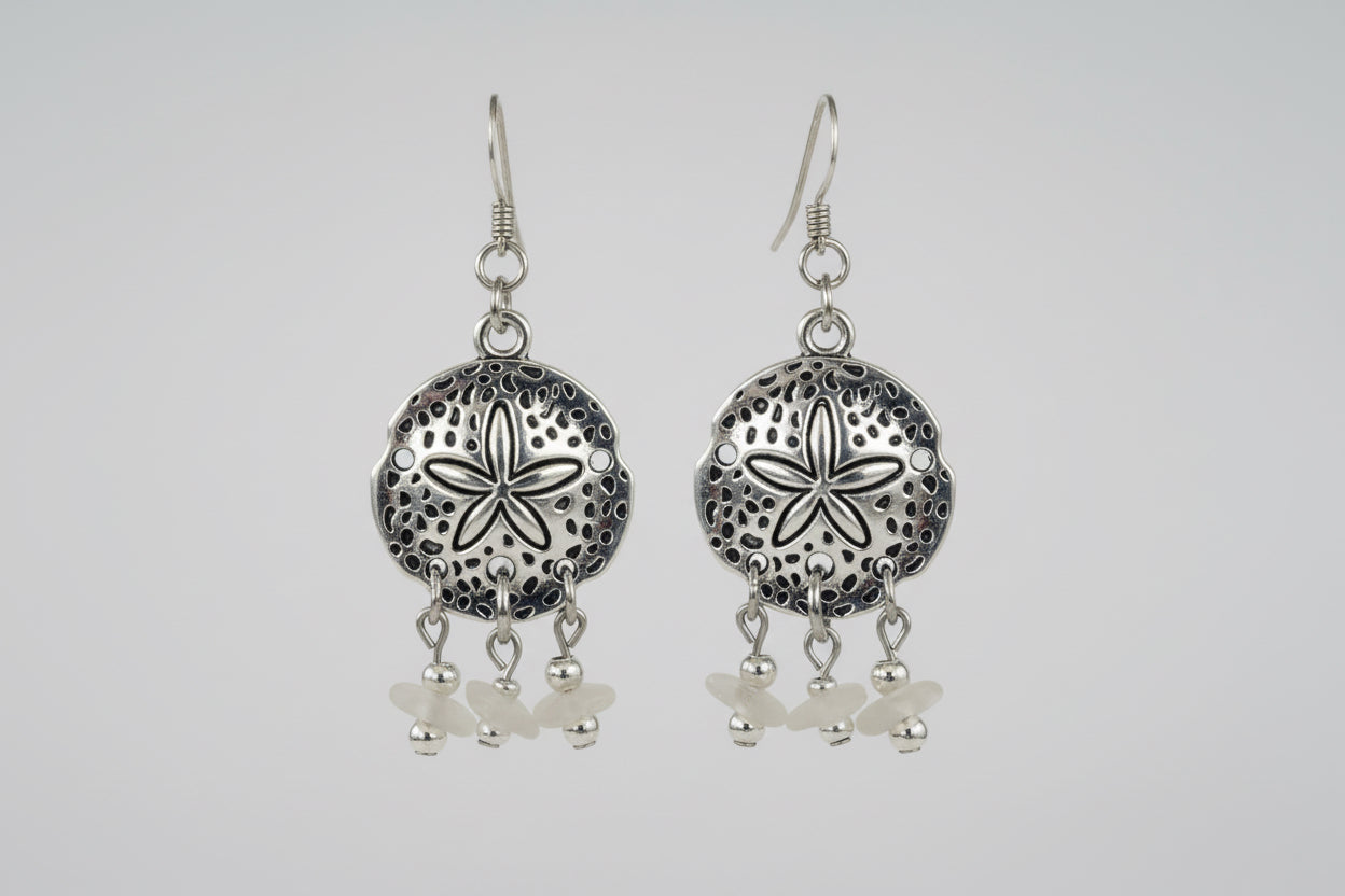 Antique Silver Starfish Pendant Earrings with White Beach Glass