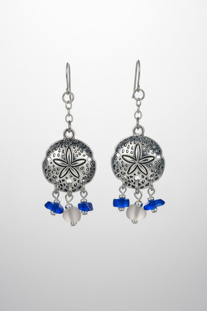 Antique Silver Starfish Pendant Earrings with Blue & White Beach Glass