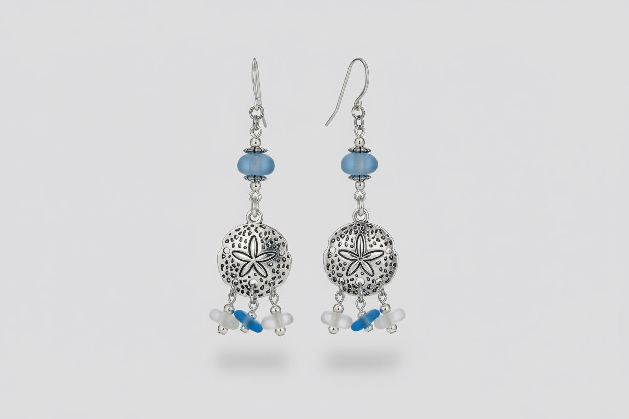 Antique Silver Starfish Pendant Earrings with Blue & White Beach Glass II