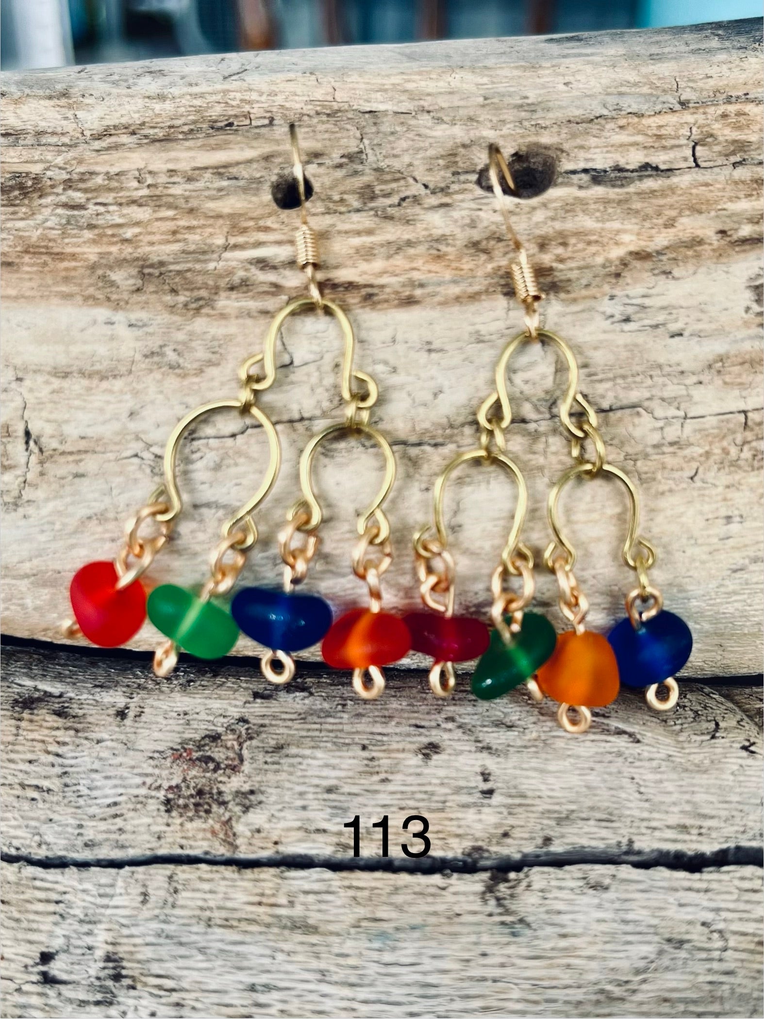 Gold-Plated Chandelier Dangle Earrings with Multi-Colored Beach Glass Beads