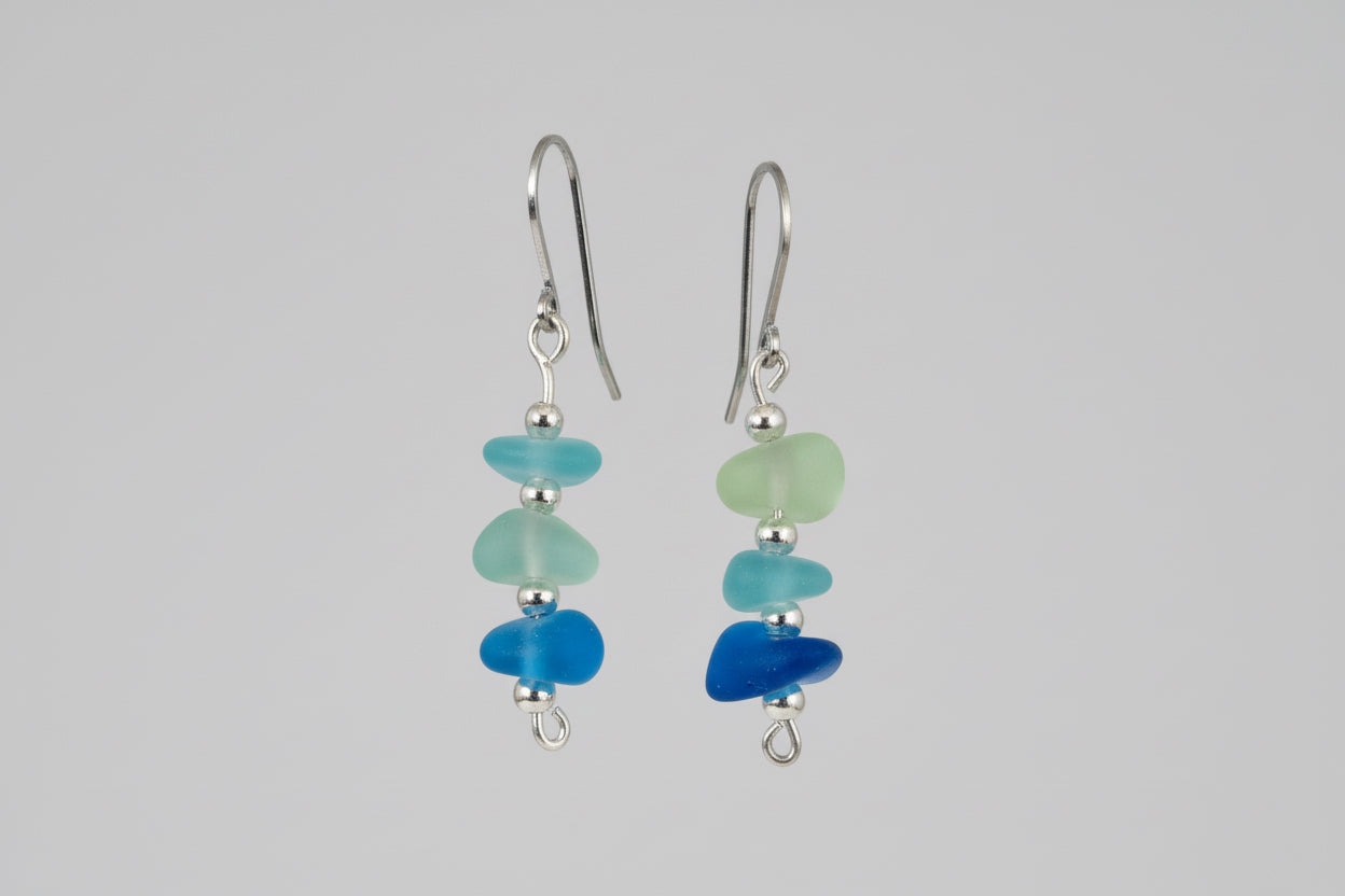 Silver Multi-Colored Blue Beach Glass Earrings
