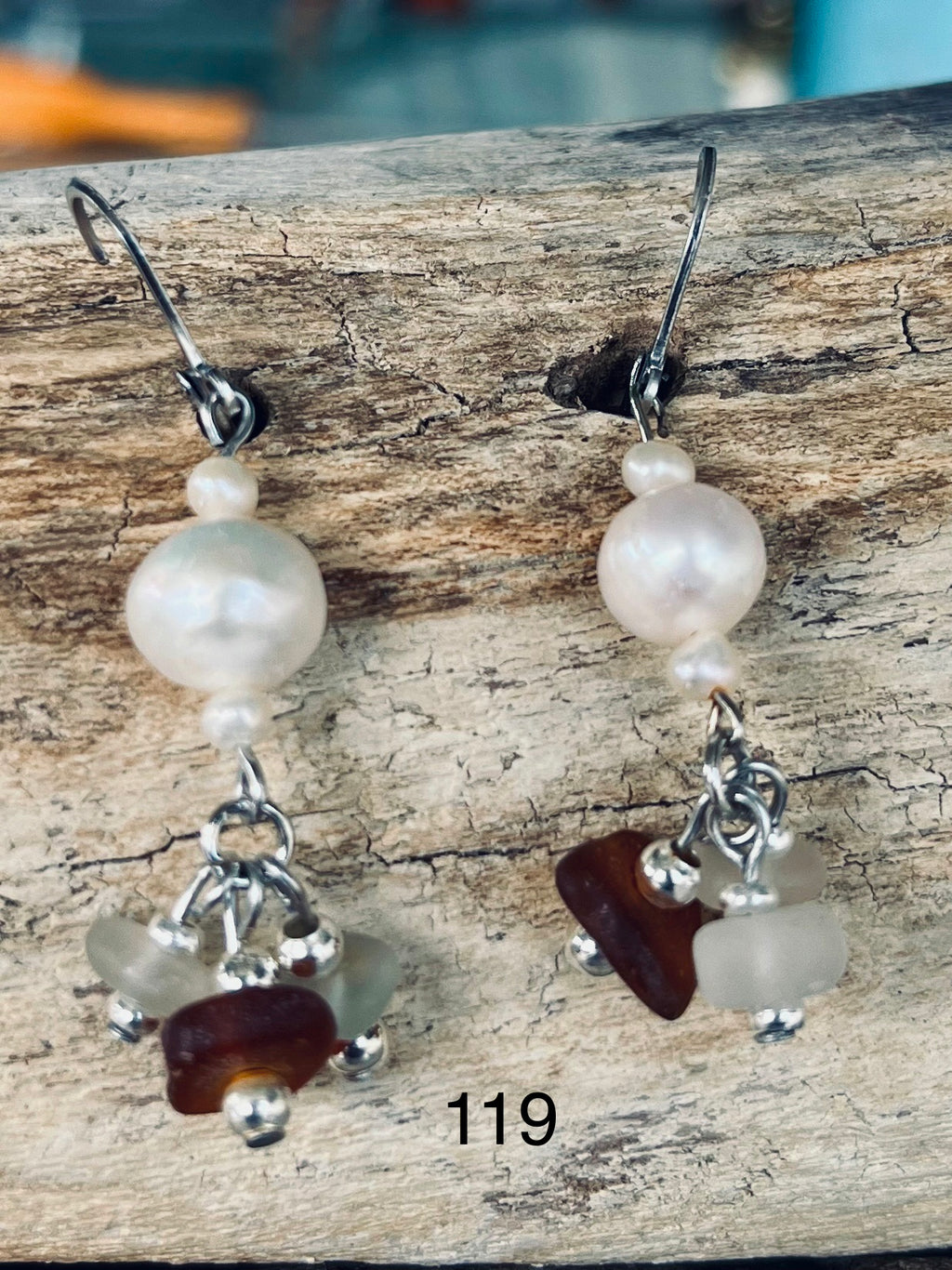 Silver Pearl and Beach Glass Dangle Earrings