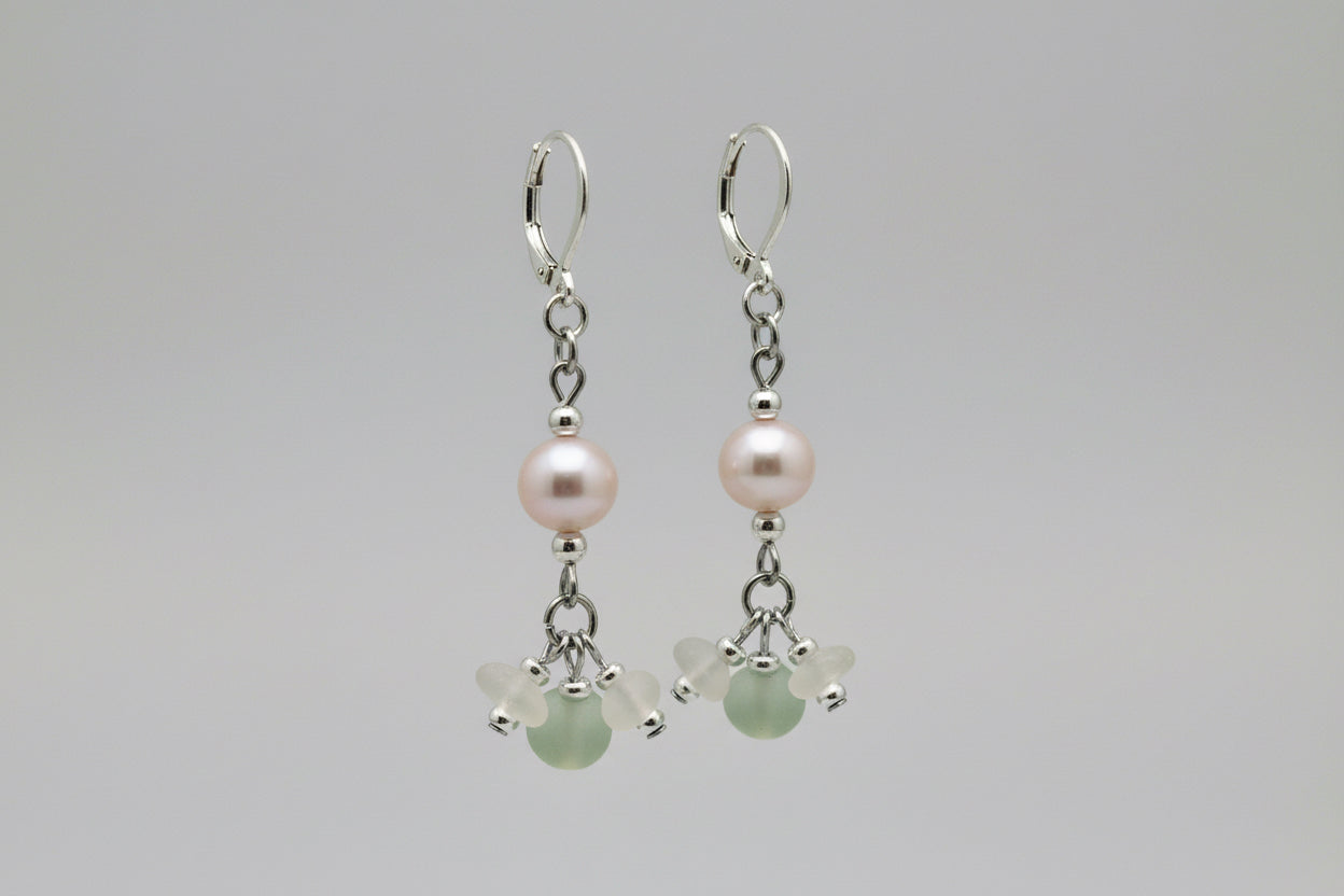 Sterling Silver Pearl and Beach Glass Dangle Earrings