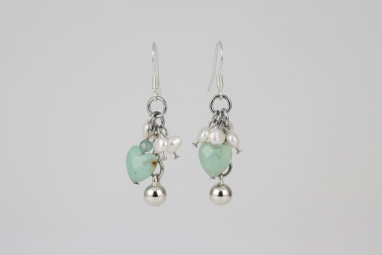 Silver Green Heart and Pearl Dangle Earrings