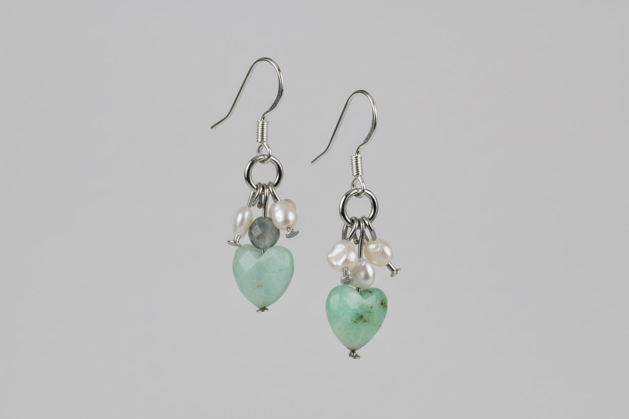 Silver Dangle Green Heart Earrings with Pearls