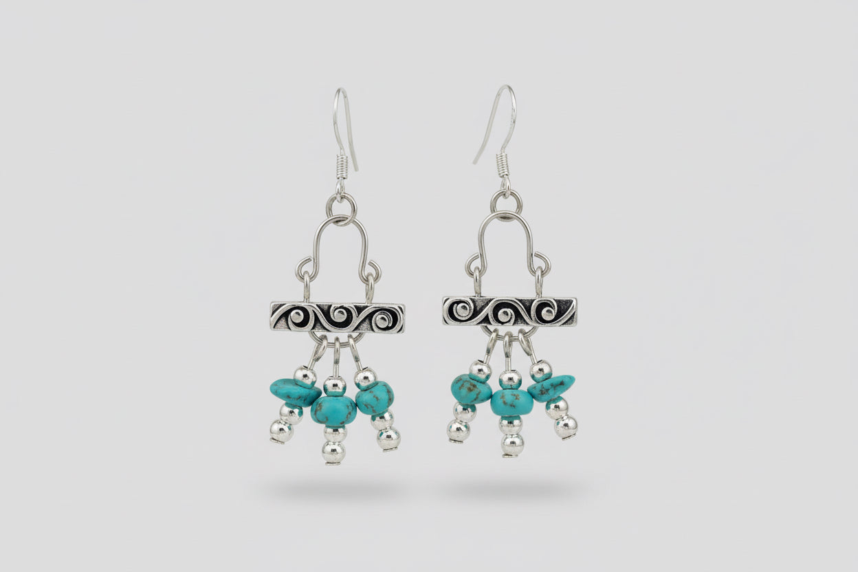 Antique Silver Tibetan Bar Turquoise Dangle Earrings
