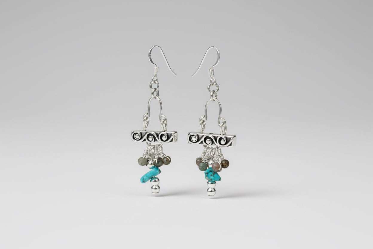 Antique Silver Tibetan Bar Turquoise Dangle Earrings II