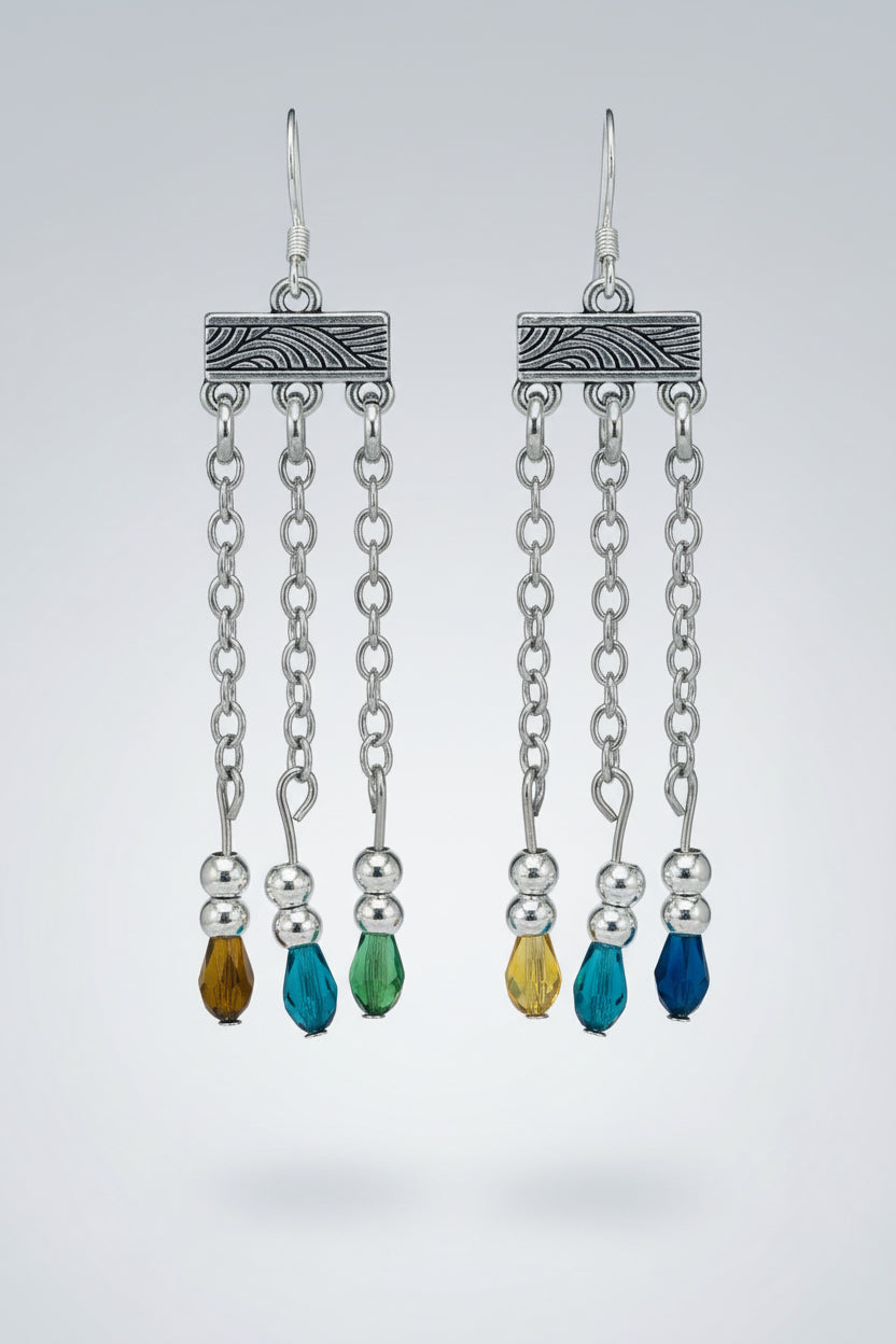 Antique Silver Tibetan Bar Crystal Dangle Earrings