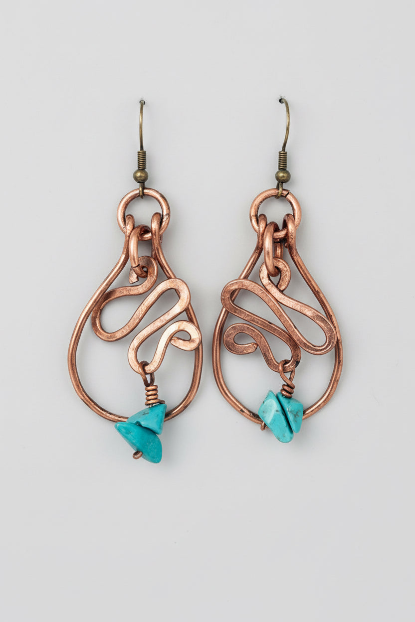 Copper Chinese-Style Turquoise Dangle Earrings