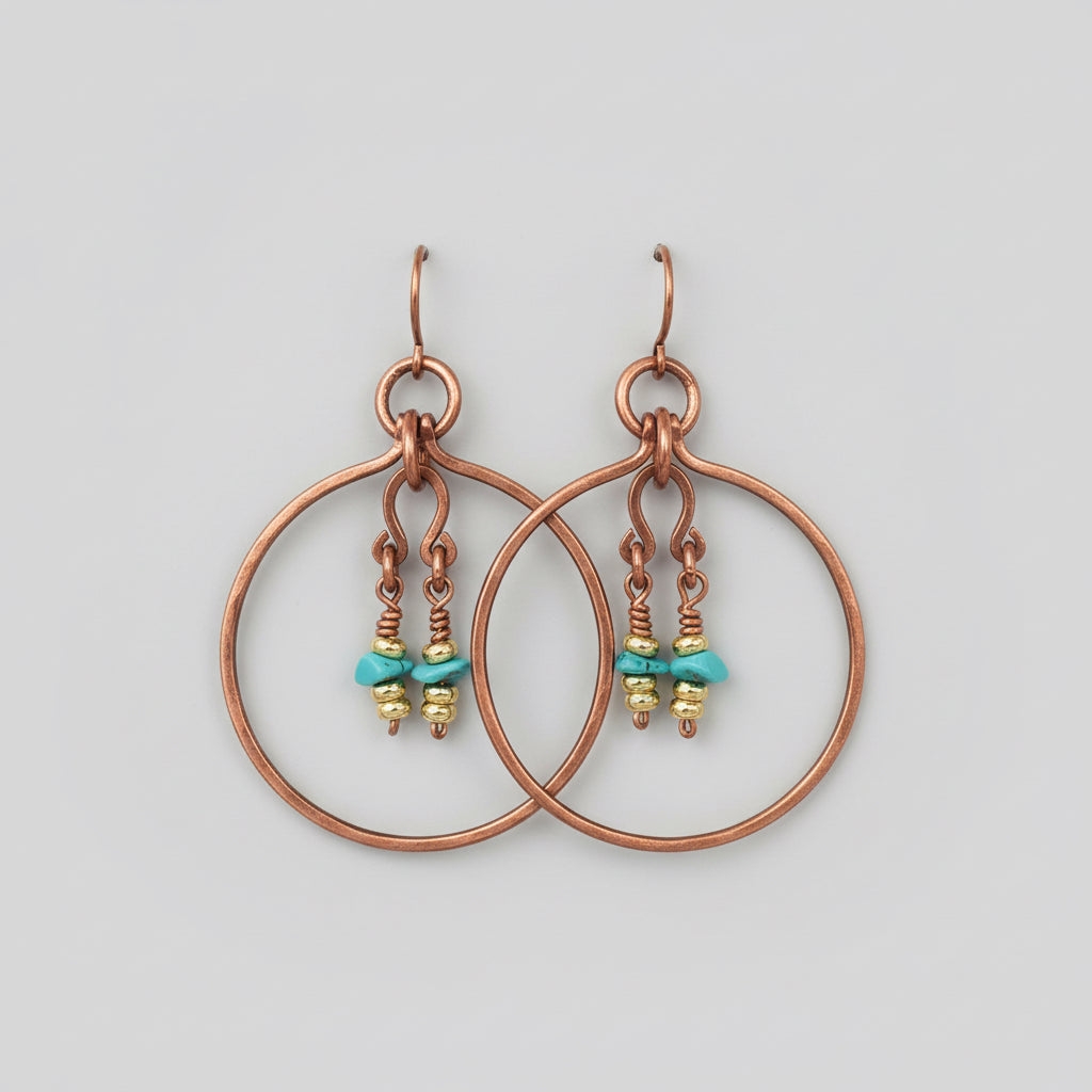 Copper Round Turquoise Dangle Earrings
