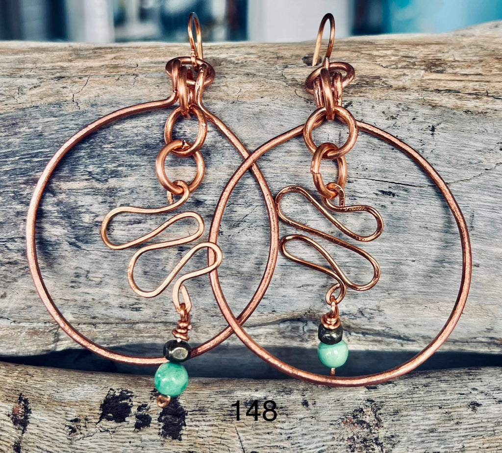 Copper Round Chinese Jade Dangle Earrings