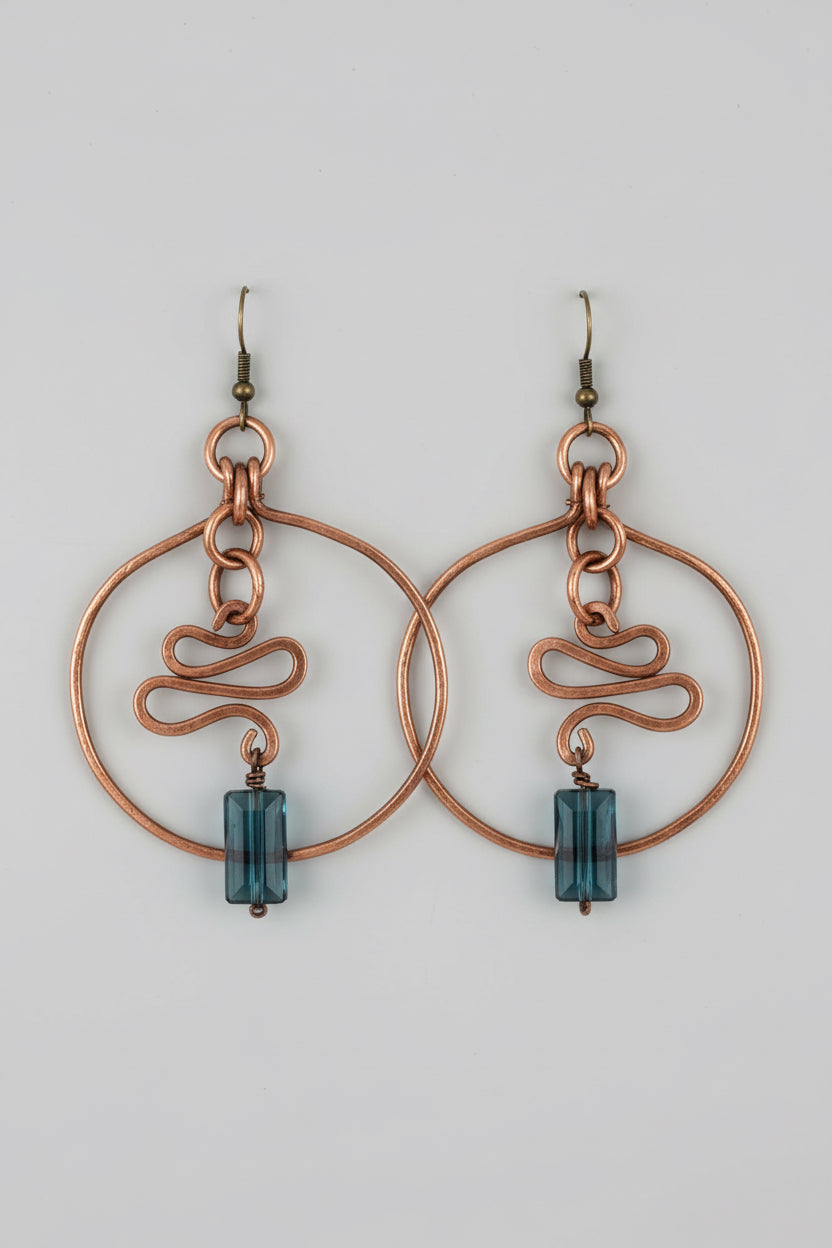 Copper Round Blue Chinese Dangle Earrings