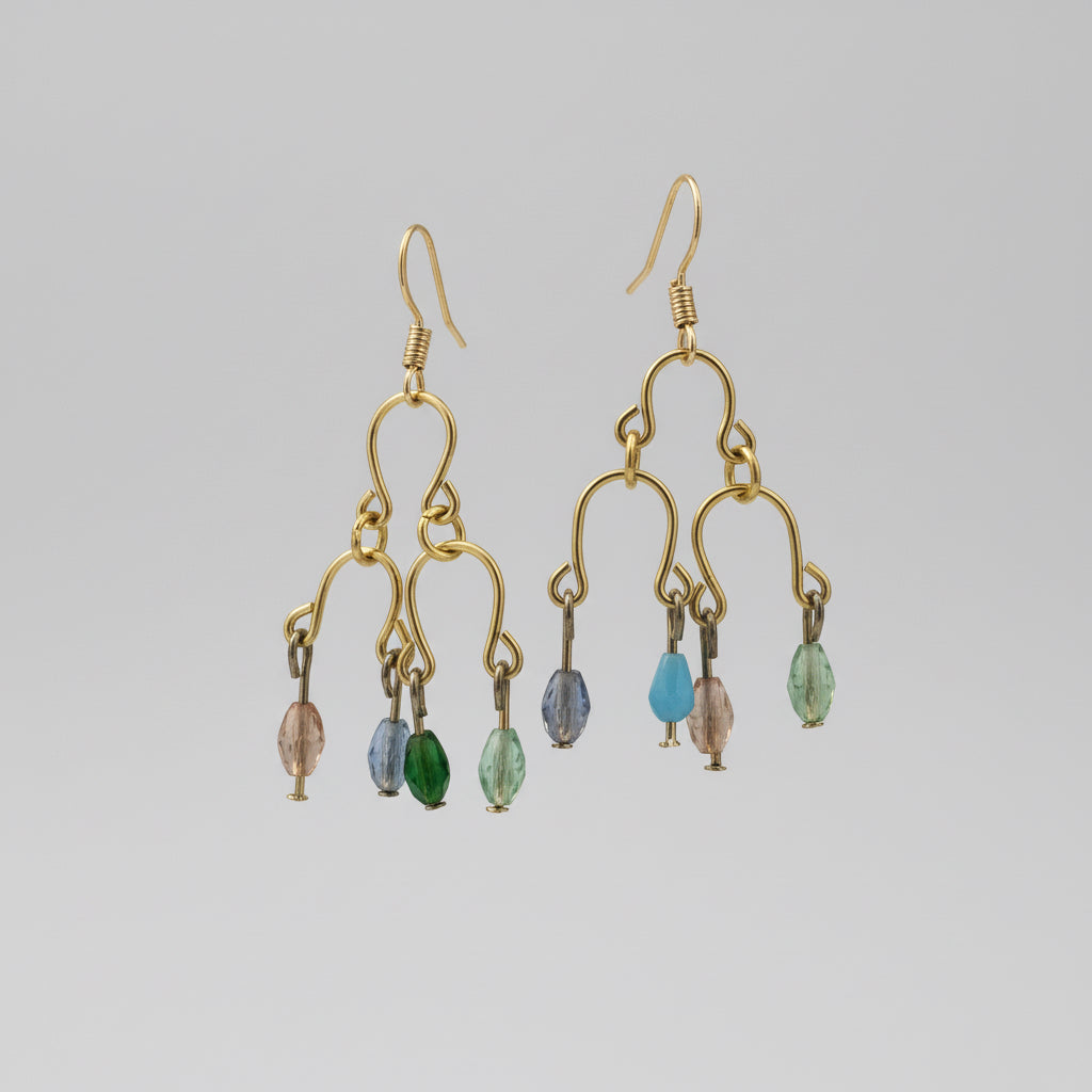 Gold Multi-Colored Crystal Glass Bead Dangle Earrings