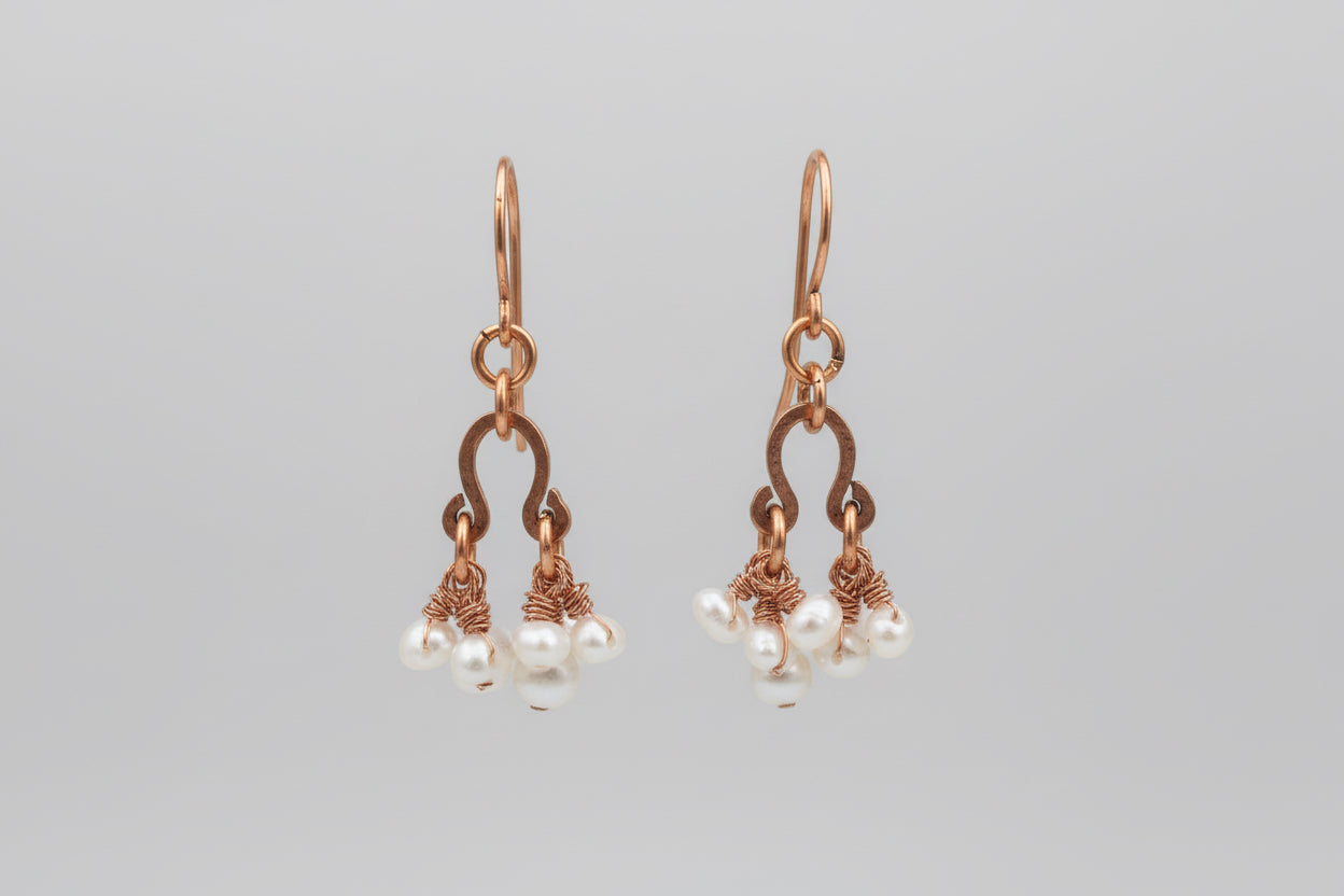 Hammered Copper Half Chandelier Pearl Dangle Earrings