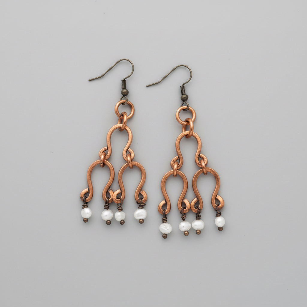 Hammered Copper Chandelier Pearl Dangle Earrings