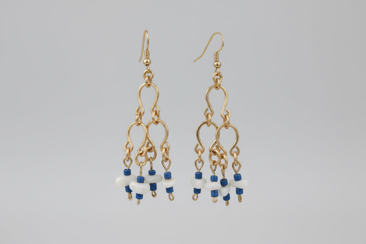Gold Chandelier Blue and White Dangle Earrings