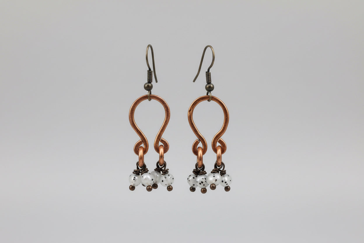 Hammered Copper Half Chandelier Pearl Dangle Earrings II