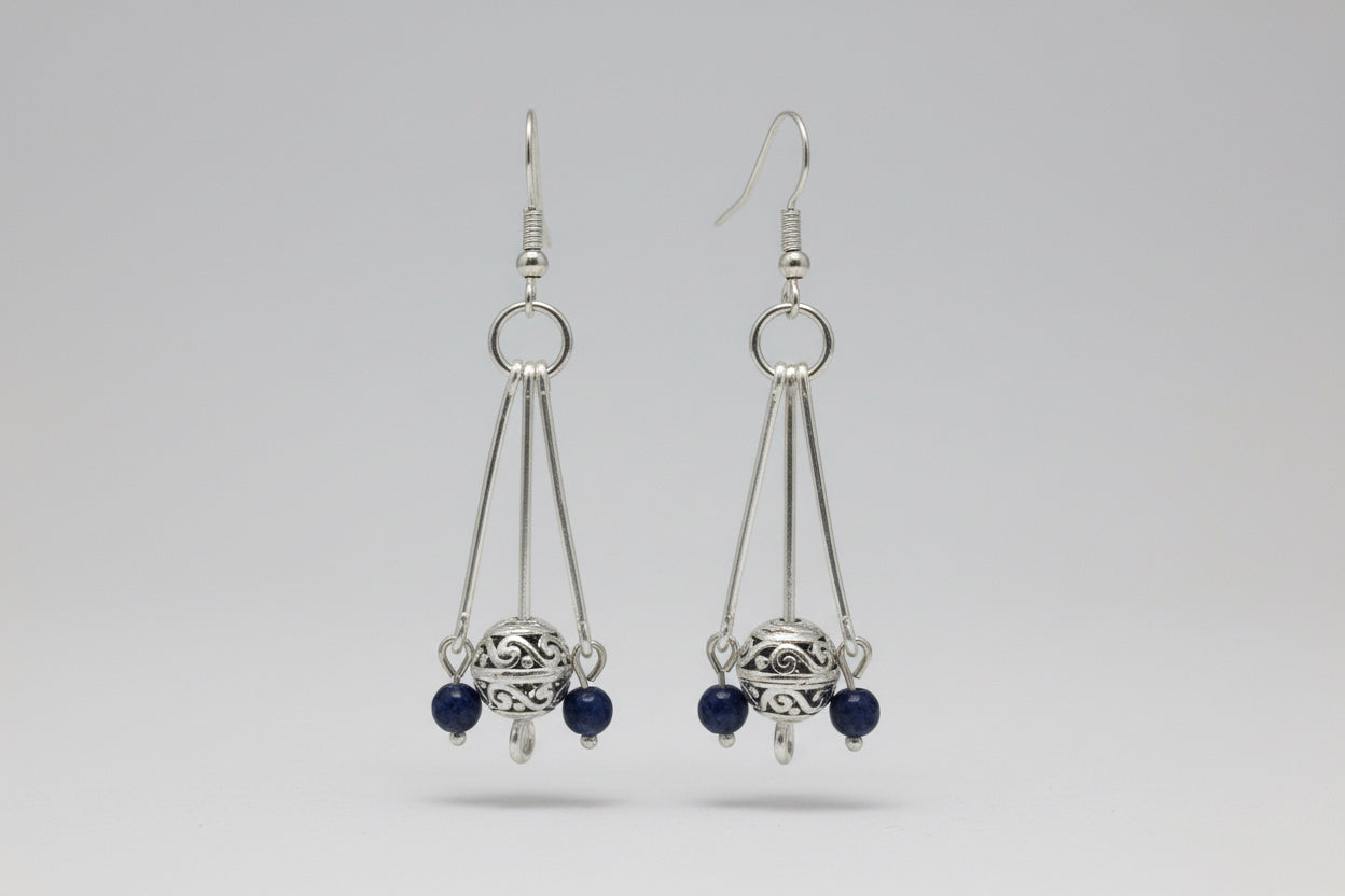 Silver Tibetan Dangle Earrings with Bloodstone Beads