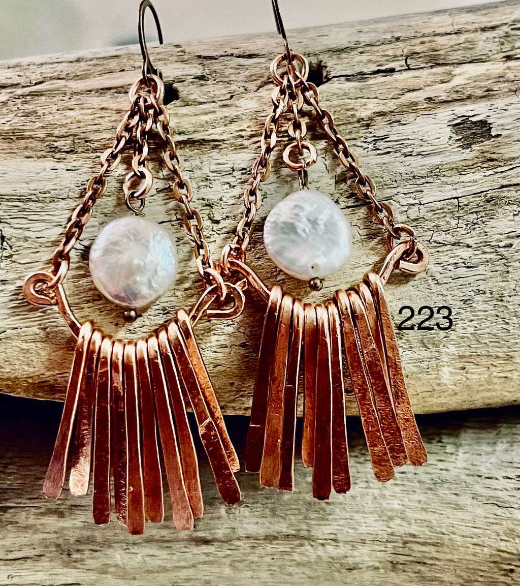 Hammered Copper Chain Pearl Dangle Earrings