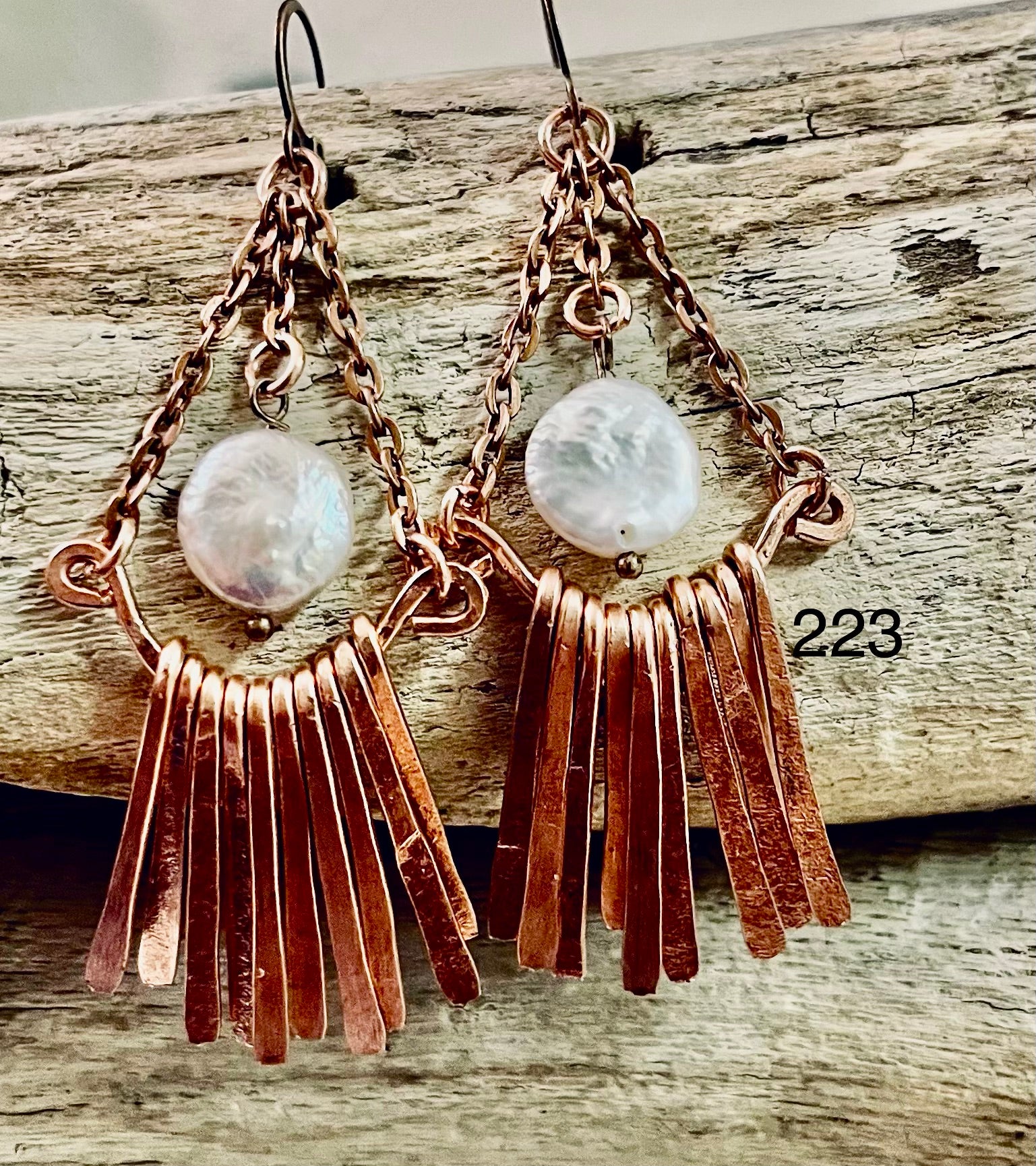 Hammered Copper Chain Pearl Dangle Earrings