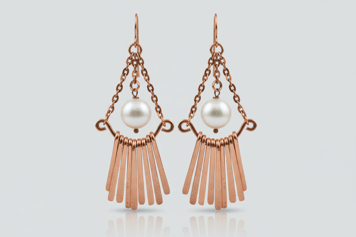 Hammered Copper Chain Pearl Dangle Earrings III