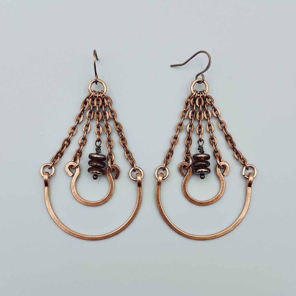 Hammered Copper Chain Autumn Bead Dangle Earrings