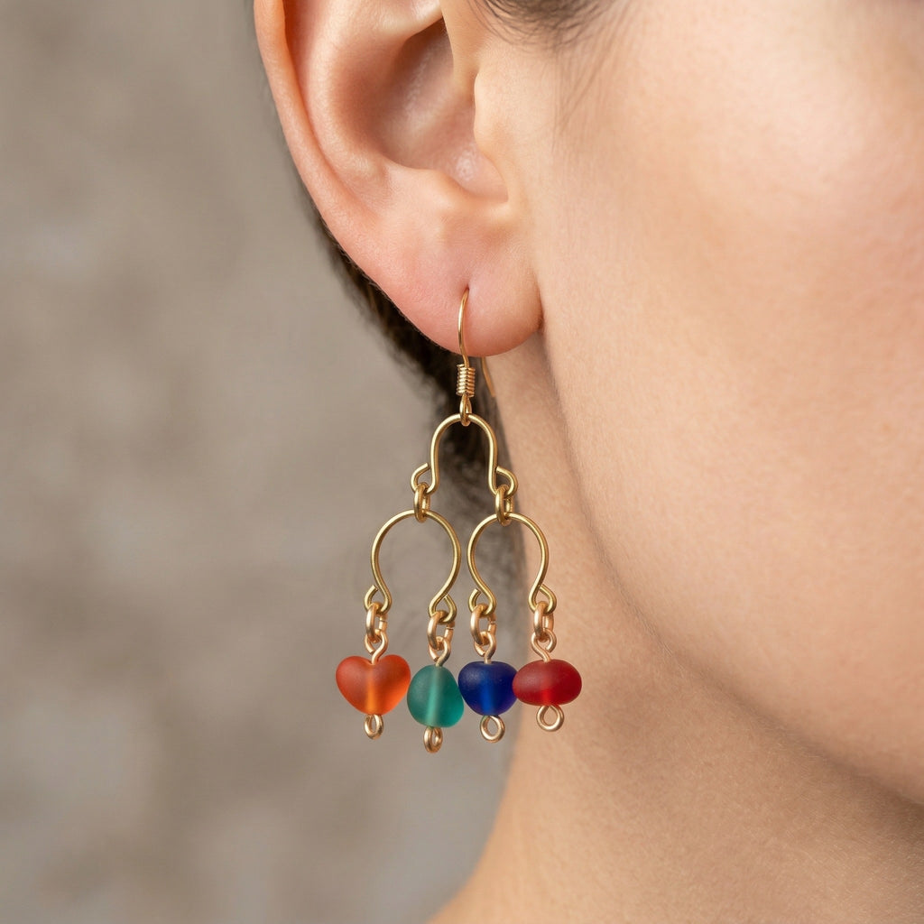 Gold-Plated Chandelier Dangle Earrings with Multi-Colored Beach Glass Beads