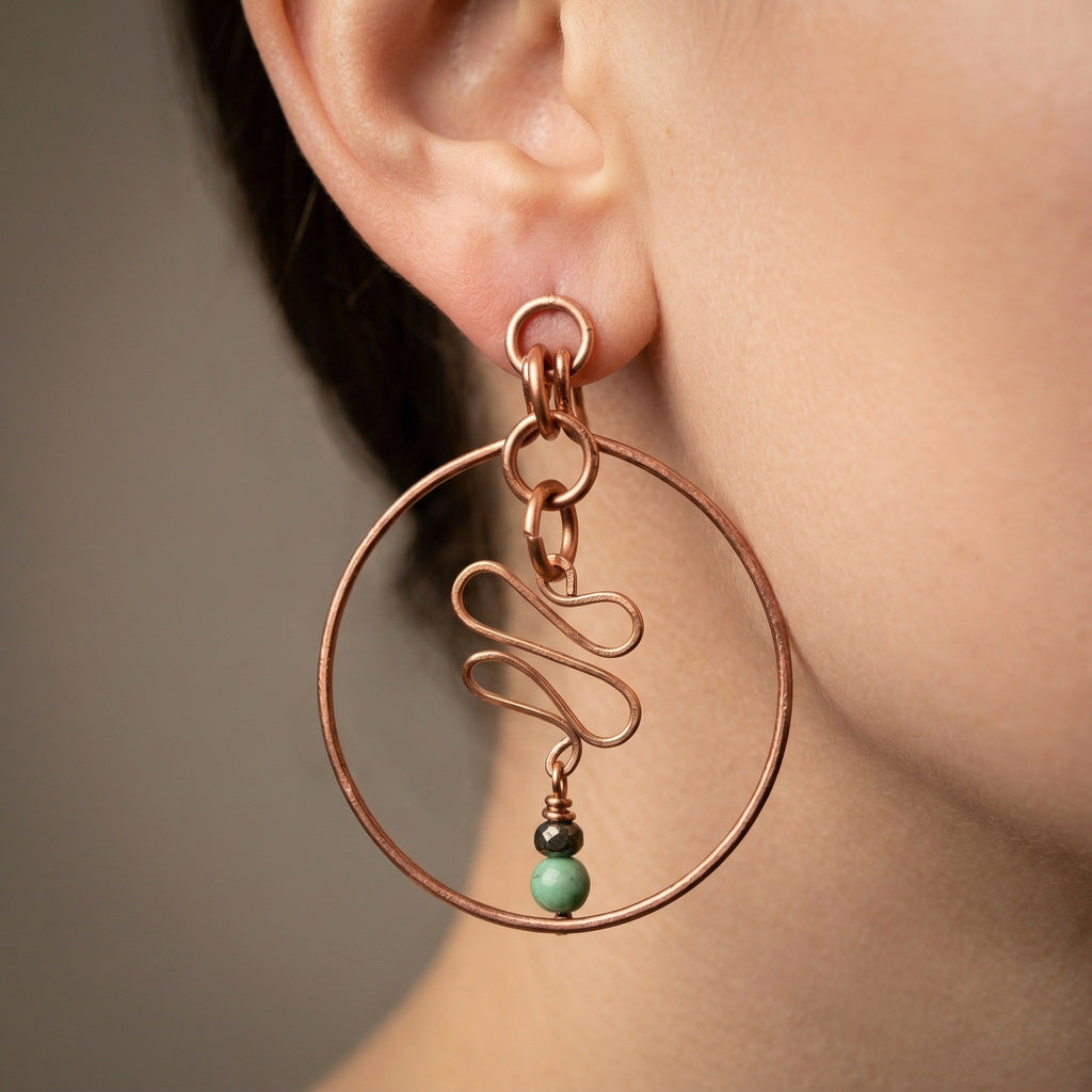 Copper Round Chinese Jade Dangle Earrings