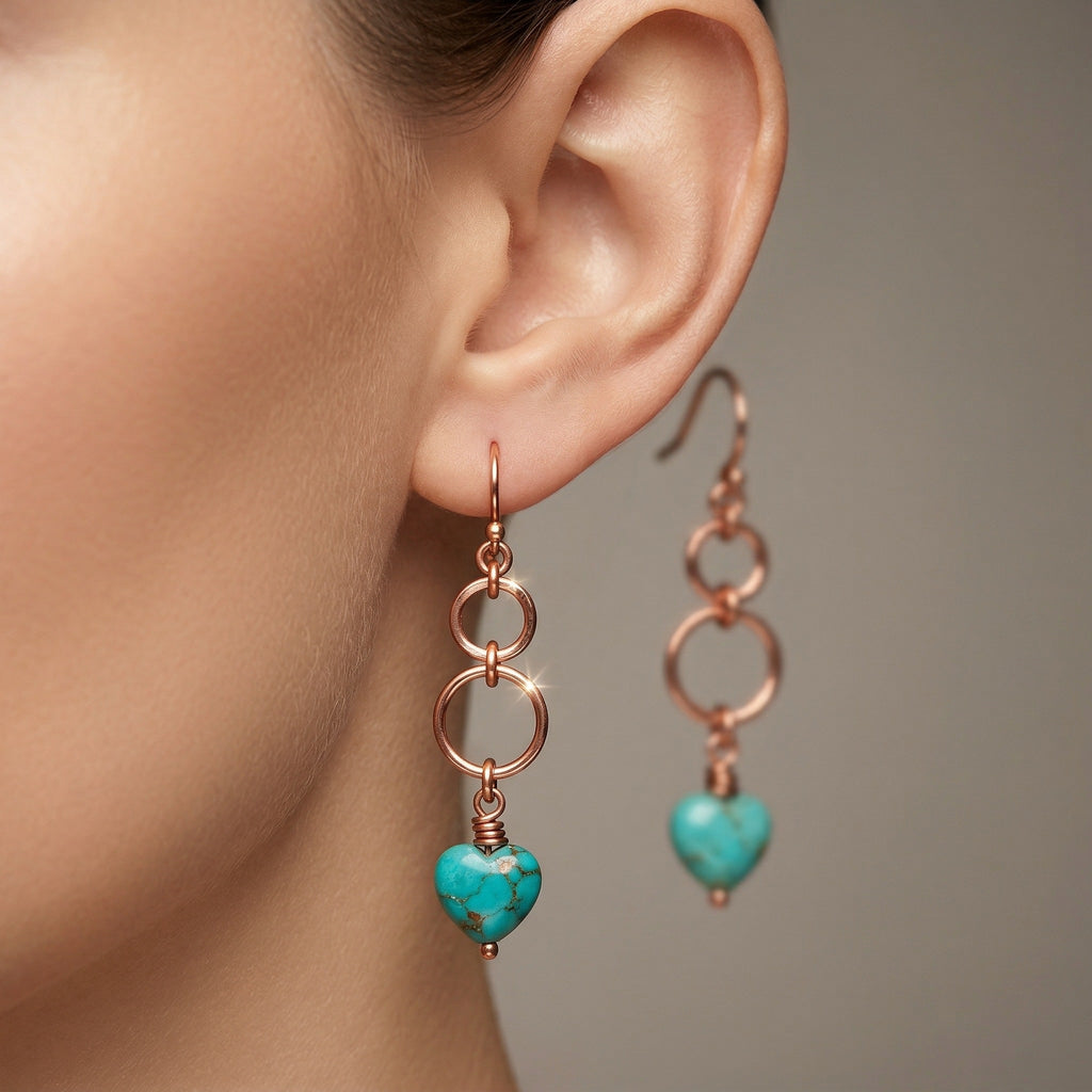 Copper Chain Green Heart Dangle Earrings