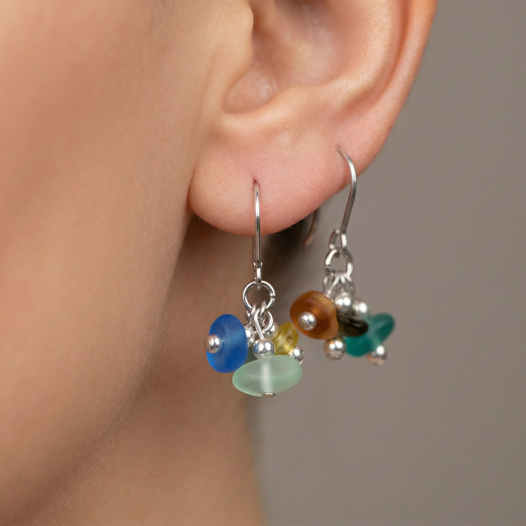 Silver Multi-Colored Beach Glass Dangle Earrings