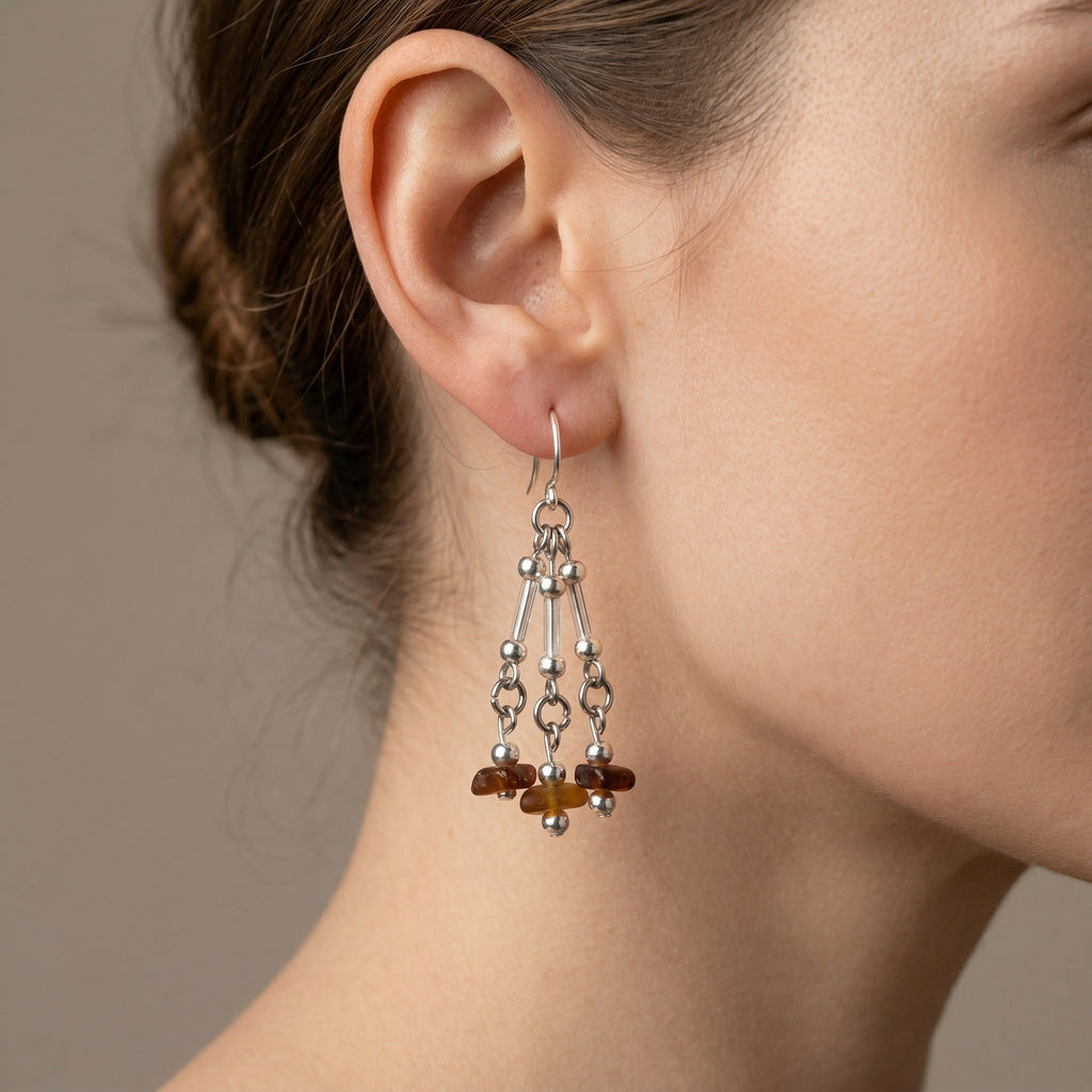 Sterling Silver Brown Beach Glass Earrings