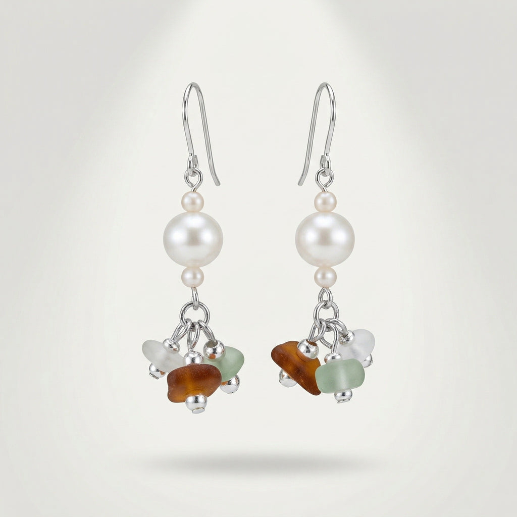Silver Pearl and Beach Glass Dangle Earrings