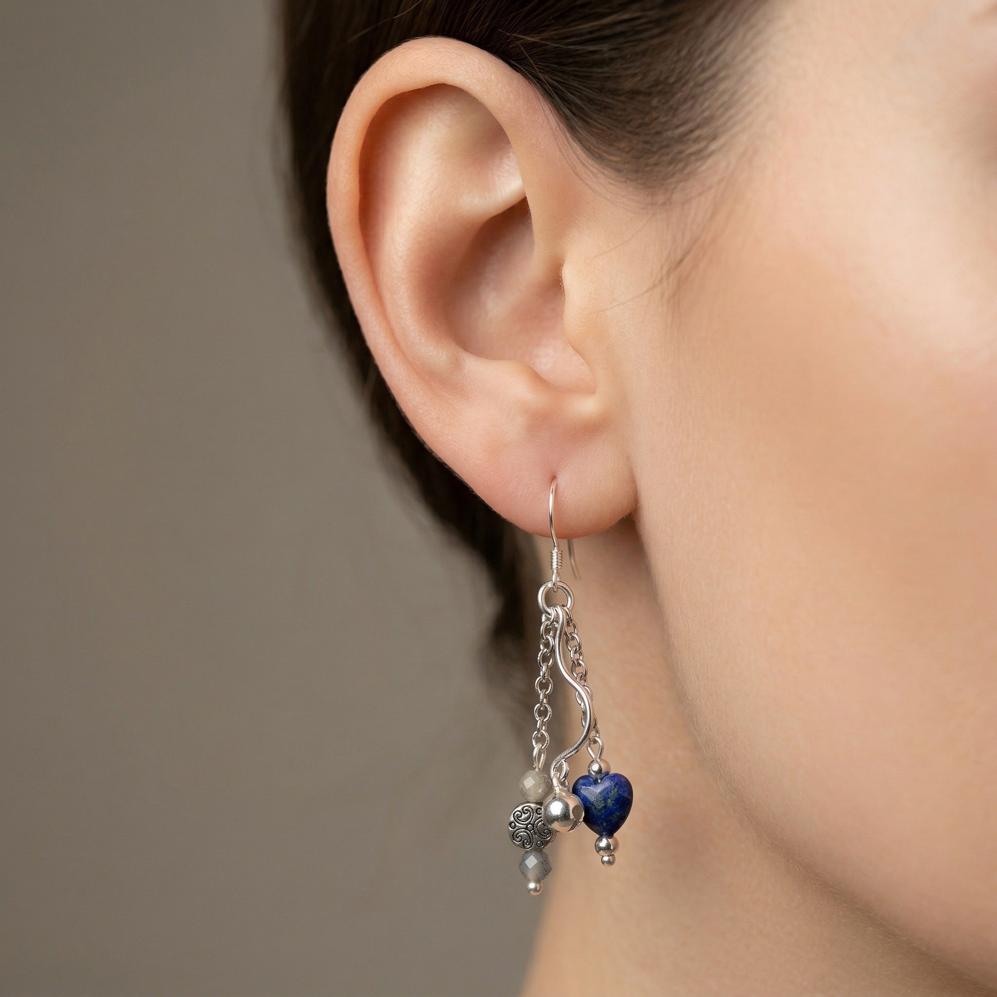 Silver Dangle Blue Heart Earrings