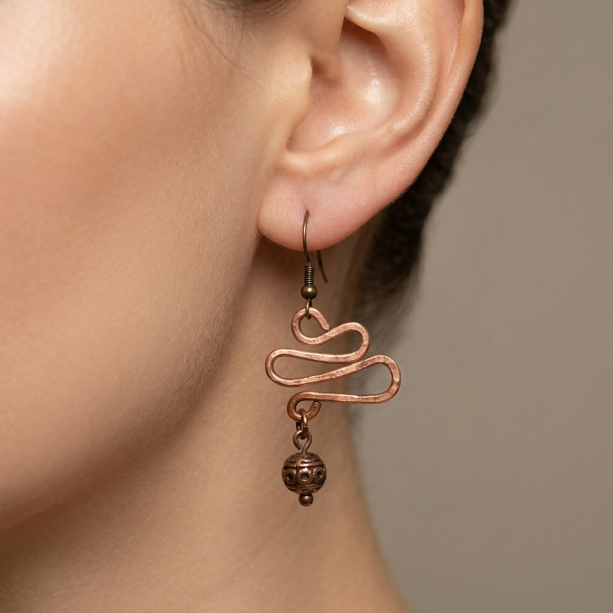 Copper Chinese Dangle Earrings with Tibetan Copper Ball