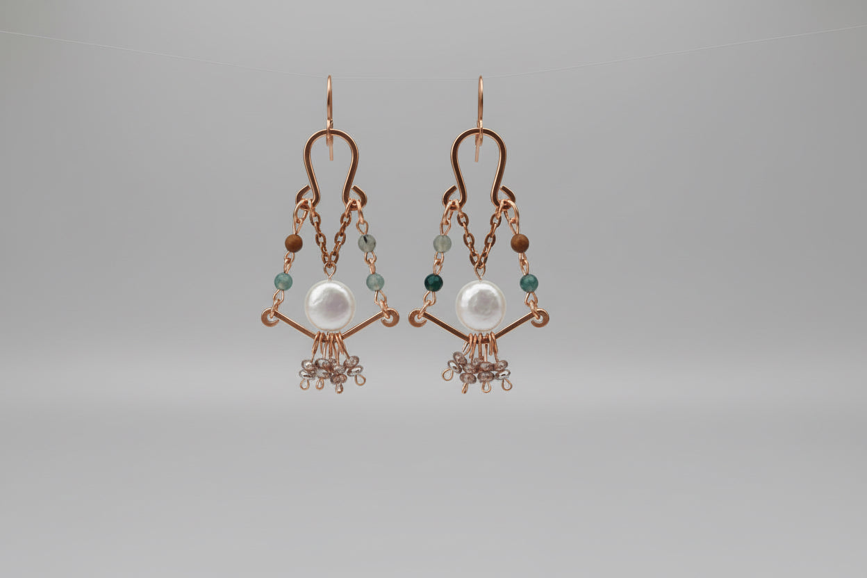 Hammered Copper Pearl Dangle Earrings II