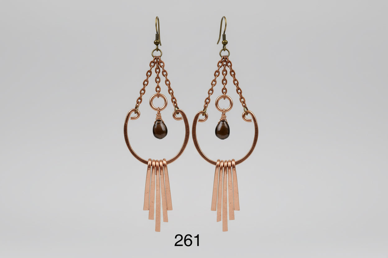 Hammered Copper Smokey Quartz Chain Dangle Earrings