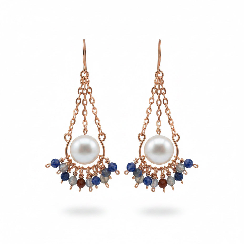 Hammered Copper Dangle Earrings with Cultured Pearls and Bloodstone Beads