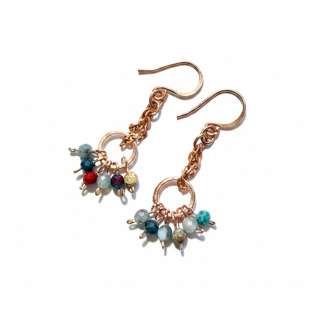 Hammered Copper Round Chain Dangle Earrings with Bloodstone Beads