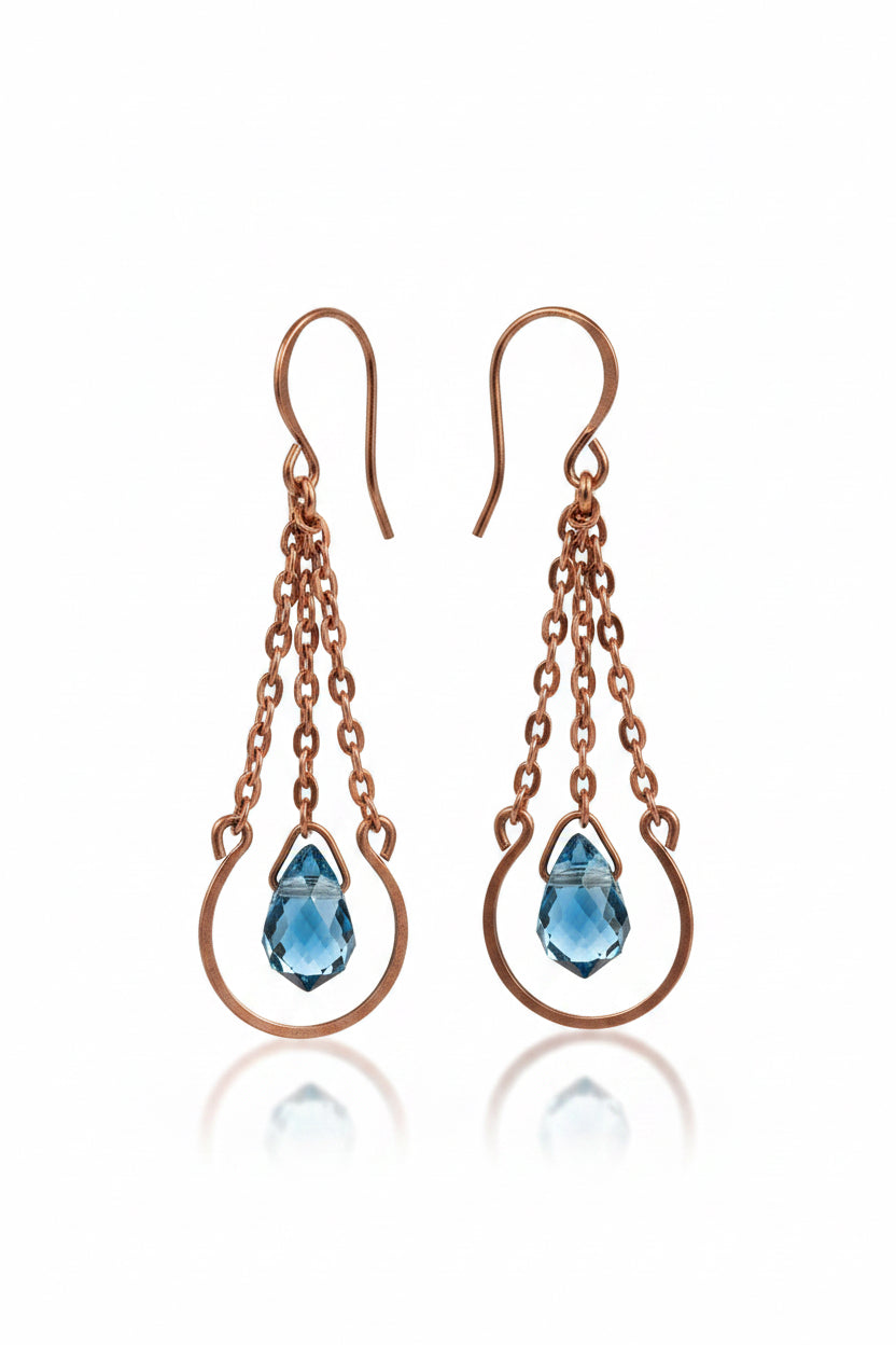 Hammered Copper Dangle Earrings with Blue Crystal